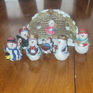 Charming Snowman Figurine Set with Gold Accents